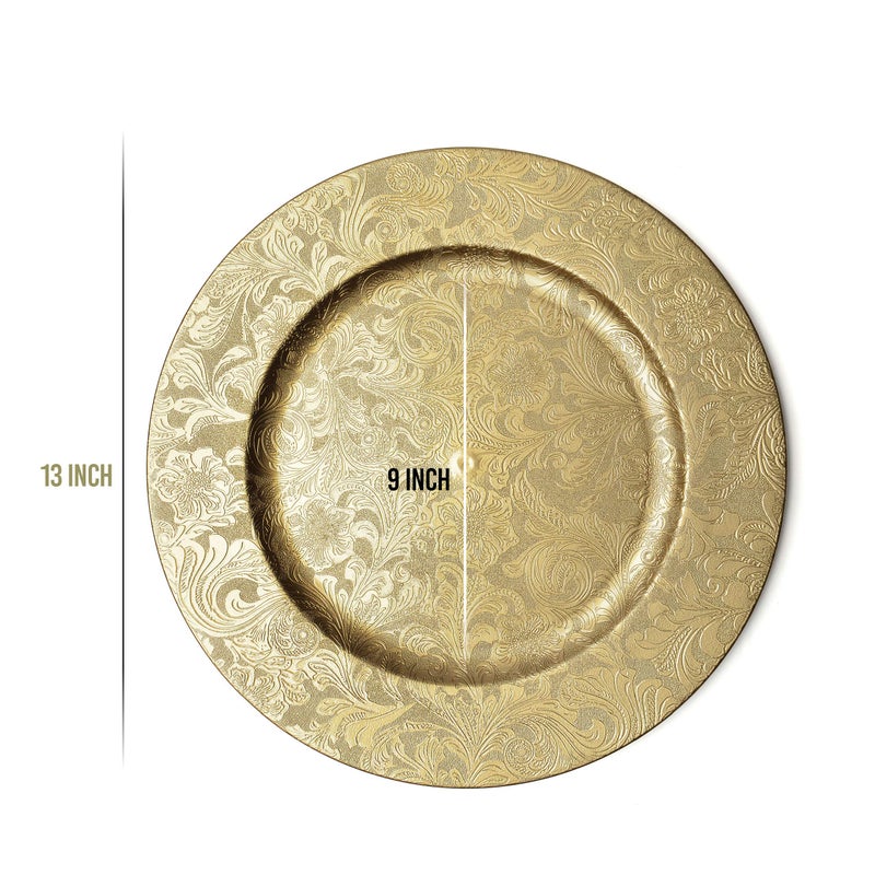 CHATEAU FINE TABLEWARE Gold Floral Charger Plates - 13-Inch Elegant Chargers - Set of 6 - For Small to Regular-Size Dinnerware & Soup Bowls - Suitable for Weddings, Parties, Anniversary, Thanksgiving - Image 5